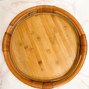 Vintage Light Wood Rattan Wrapped Handle Circle Tray - Oversized 16”